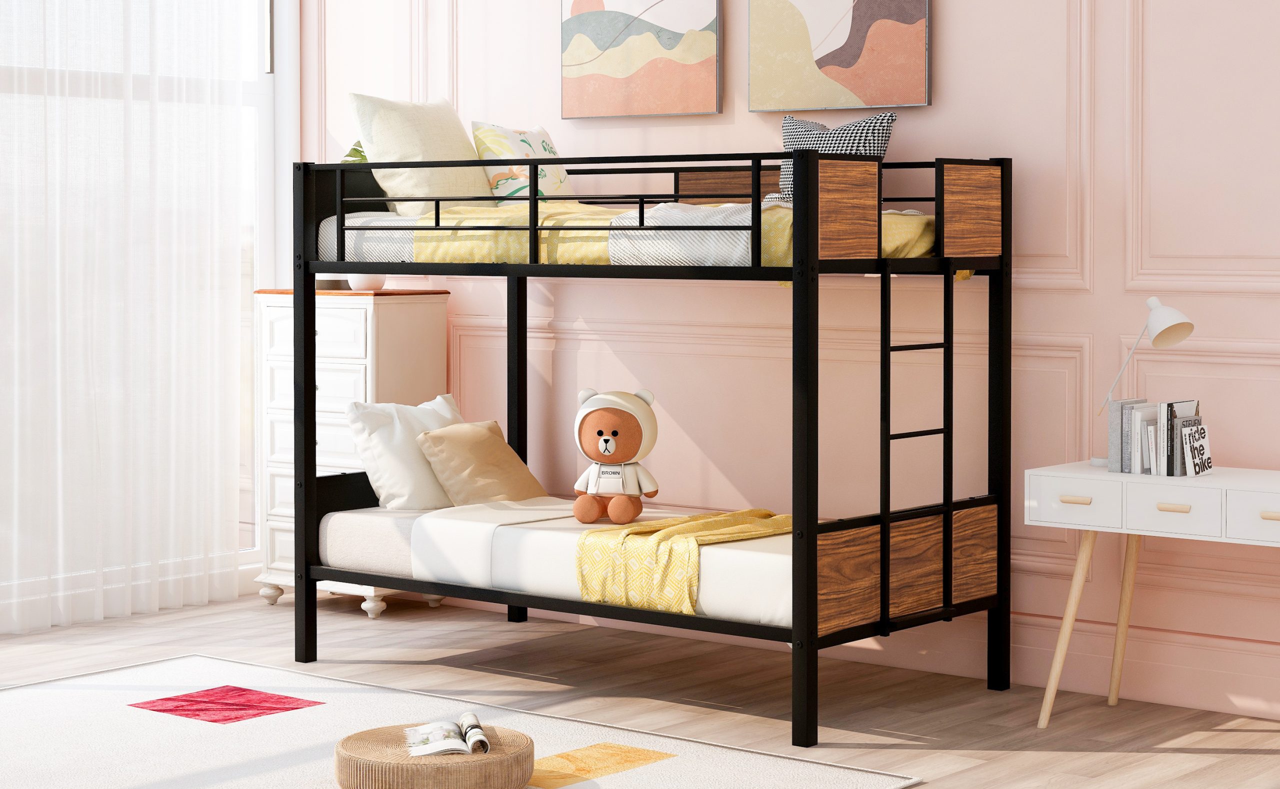 Steel Frame Twin Over Twin Bunk Bed With Safety Rail, Built-in Ladder 5 Steel Frame Twin Over Twin Bunk Bed With Safety Rail, Built-in Ladder
