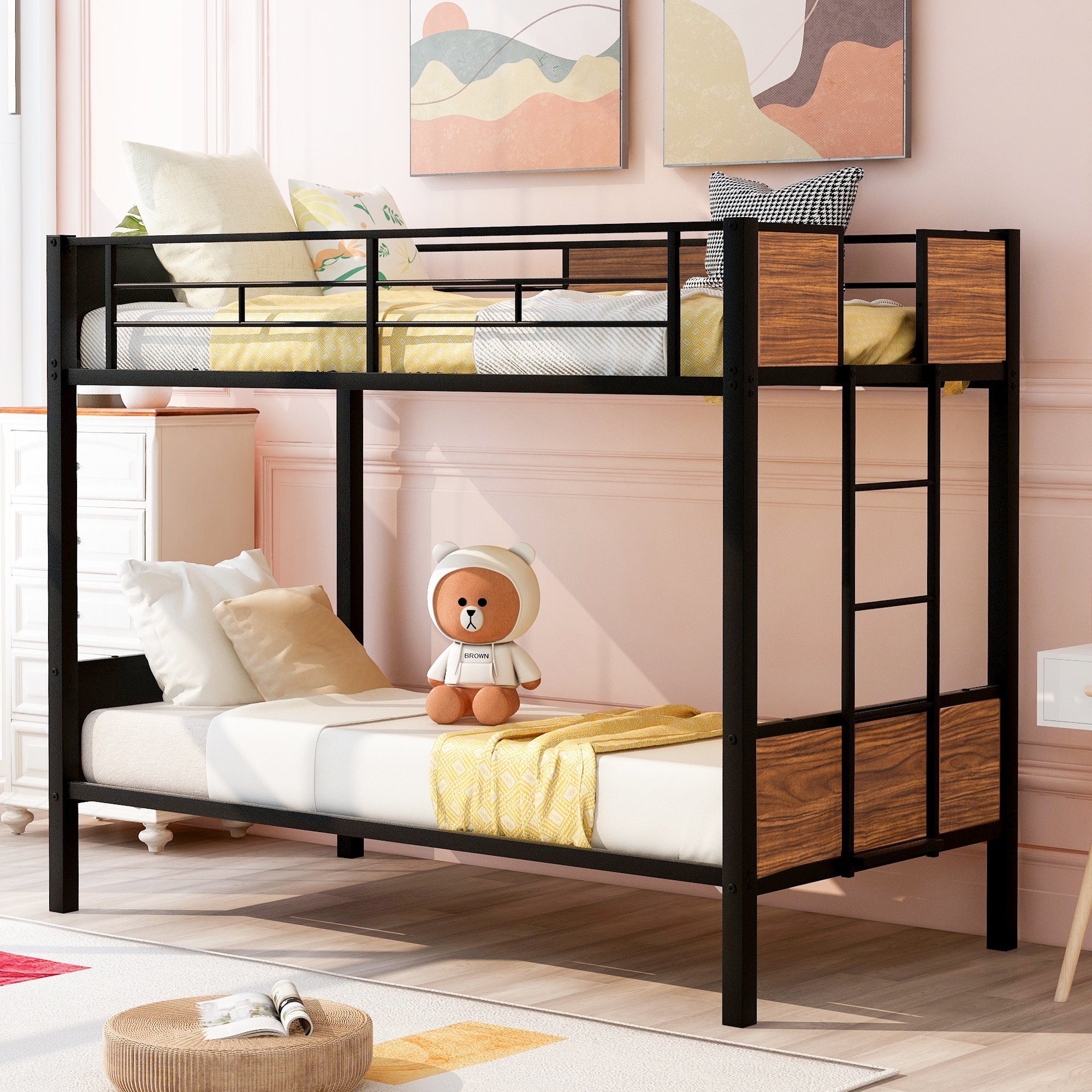 Steel Frame Twin Over Twin Bunk Bed With Safety Rail, Built-in Ladder 3 Steel Frame Twin Over Twin Bunk Bed With Safety Rail, Built-in Ladder