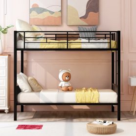 Steel Frame Twin Over Twin Bunk Bed With Safety Rail, Built-in Ladder