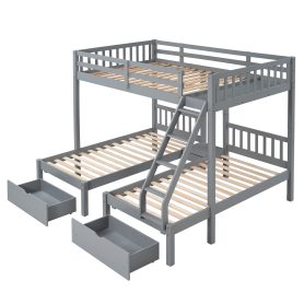 Full Over Twin & Twin Bunk Bed, Wood Triple Bunk Bed With Drawers And Guardrails