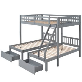 Full Over Twin & Twin Bunk Bed, Wood Triple Bunk Bed With Drawers And Guardrails