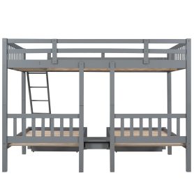 Full Over Twin & Twin Bunk Bed, Wood Triple Bunk Bed With Drawers And Guardrails