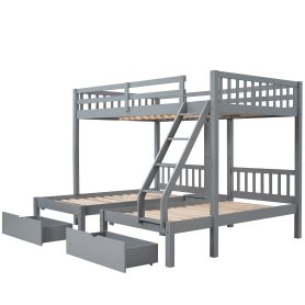 Full Over Twin & Twin Bunk Bed, Wood Triple Bunk Bed With Drawers And Guardrails
