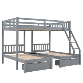 Full Over Twin & Twin Bunk Bed, Wood Triple Bunk Bed With Drawers And Guardrails