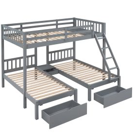 Full Over Twin & Twin Bunk Bed, Wood Triple Bunk Bed With Drawers And Guardrails