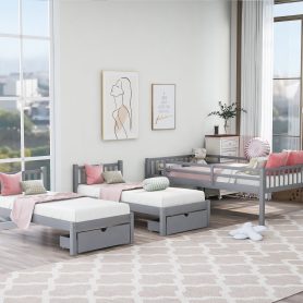 Full Over Twin & Twin Bunk Bed, Wood Triple Bunk Bed With Drawers And Guardrails