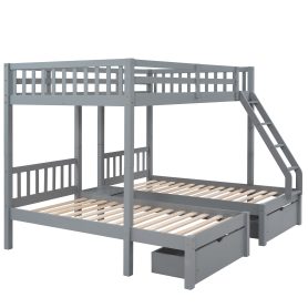 Full Over Twin & Twin Bunk Bed, Wood Triple Bunk Bed With Drawers And Guardrails