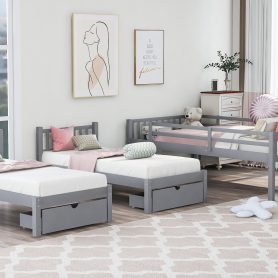 Full Over Twin & Twin Bunk Bed, Wood Triple Bunk Bed With Drawers And Guardrails