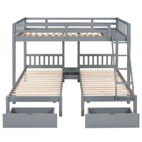 Full Over Twin & Twin Bunk Bed, Wood Triple Bunk Bed With Drawers And Guardrails