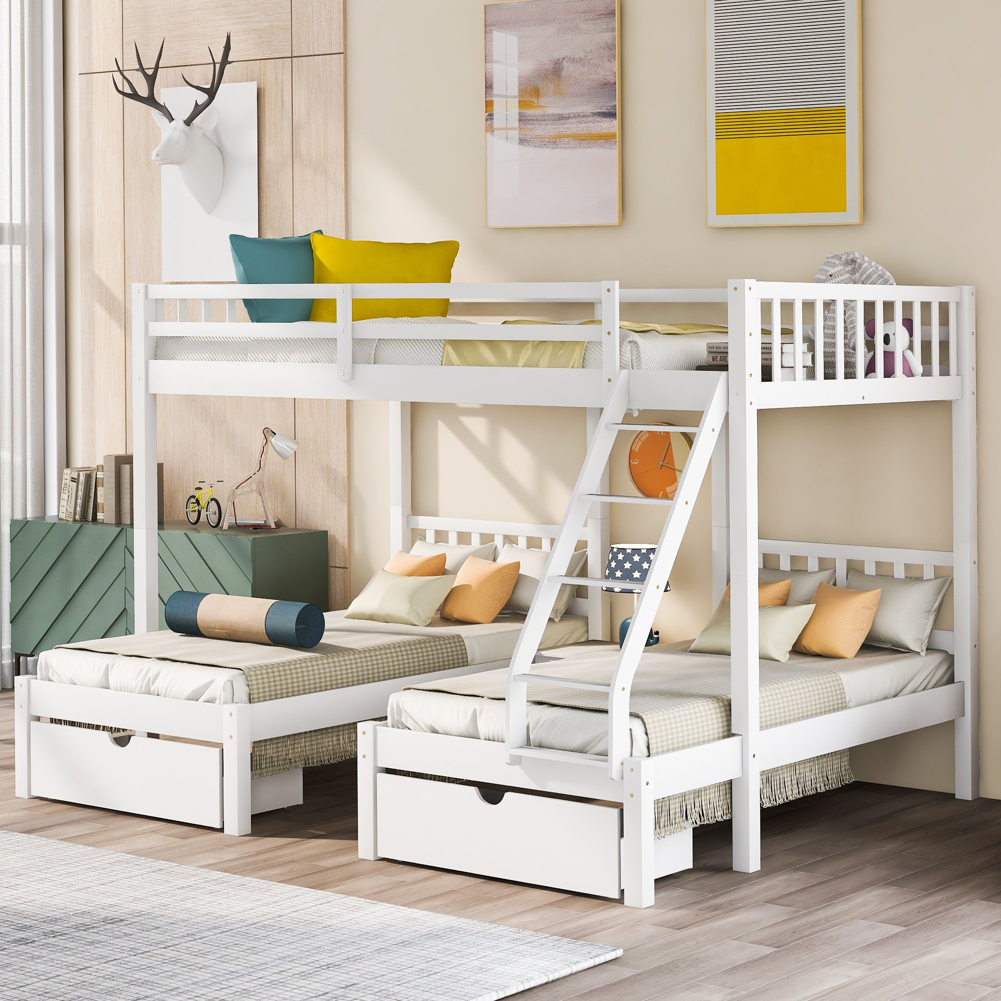 Full Over Twin & Twin Bunk Bed, Wood Triple Bunk Bed With Drawers And Guardrails