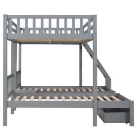 Full Over Twin & Twin Bunk Bed, Wood Triple Bunk Bed With Drawers And Guardrails