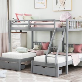 Full Over Twin & Twin Bunk Bed, Wood Triple Bunk Bed With Drawers And Guardrails