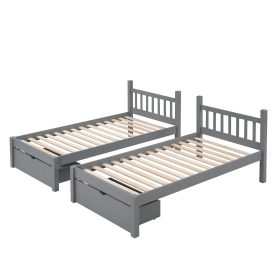 Full Over Twin & Twin Bunk Bed, Wood Triple Bunk Bed With Drawers And Guardrails