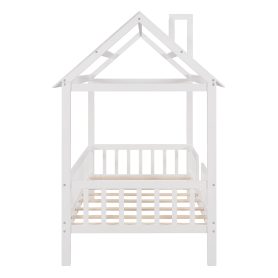 Twin Size Wood House Bed With Fence