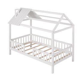 Twin Size Wood House Bed With Fence