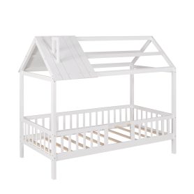 Twin Size Wood House Bed With Fence