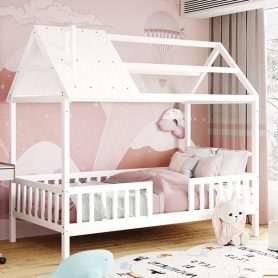 Twin Size Wood House Bed With Fence