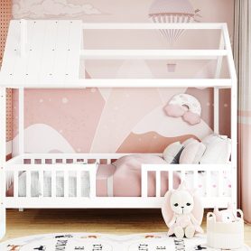 Twin Size Wood House Bed With Fence