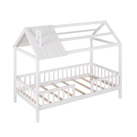 Twin Size Wood House Bed With Fence