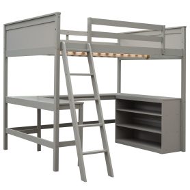 Wood Full Size Loft Bed With Shelves And Desk