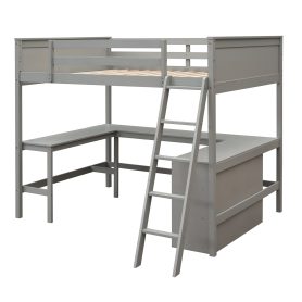 Wood Full Size Loft Bed With Shelves And Desk