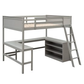 Wood Full Size Loft Bed With Shelves And Desk