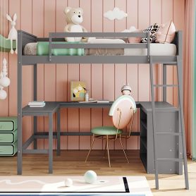 Wood Full Size Loft Bed With Shelves And Desk