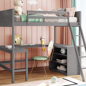 Wood Full Size Loft Bed With Shelves And Desk