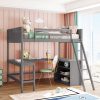Wood Full Size Loft Bed With Shelves And Desk