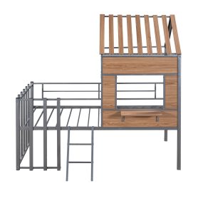 Metal Twin Size Loft Bed With Roof, Window, Guardrail, Ladder