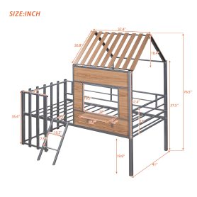 Metal Twin Size Loft Bed With Roof, Window, Guardrail, Ladder
