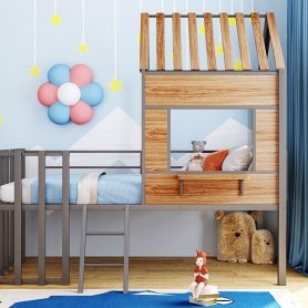 Metal Twin Size Loft Bed With Roof, Window, Guardrail, Ladder
