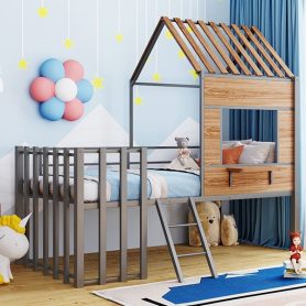 Metal Twin Size Loft Bed With Roof, Window, Guardrail, Ladder