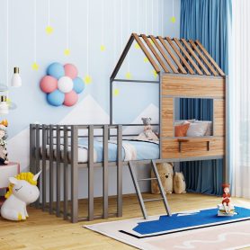 Metal Twin Size Loft Bed With Roof, Window, Guardrail, Ladder
