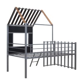 Metal Twin Size Loft Bed With Roof, Window, Guardrail, Ladder
