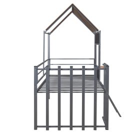 Metal Twin Size Loft Bed With Roof, Window, Guardrail, Ladder