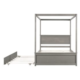 Full Size Wood Canopy Bed With Trundle, No Box Spring Needed