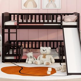 Full Over Full Low Bunk Bed With Slide, Fence And Ladder 21 Full Over Full Low Bunk Bed With Slide, Fence And Ladder