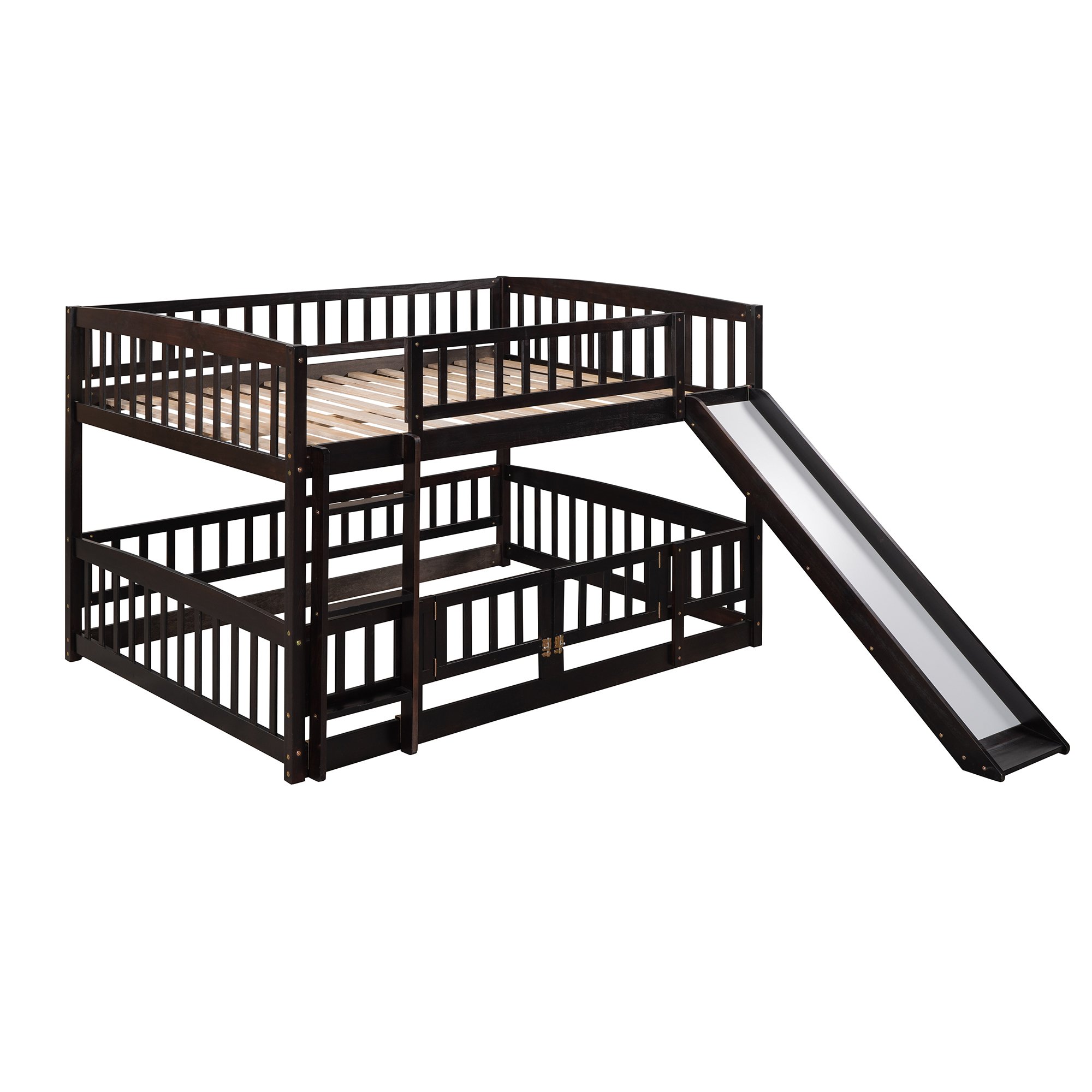 Full Over Full Low Bunk Bed With Slide, Fence And Ladder 8 Full Over Full Low Bunk Bed With Slide, Fence And Ladder