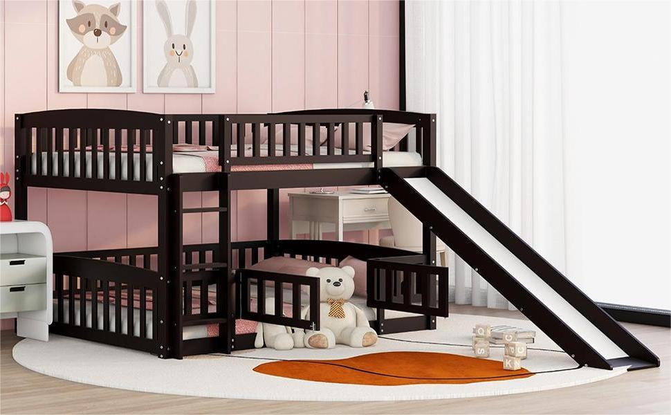 Full Over Full Low Bunk Bed With Slide, Fence And Ladder 6 Full Over Full Low Bunk Bed With Slide, Fence And Ladder