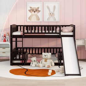 Full Over Full Low Bunk Bed With Slide, Fence And Ladder
