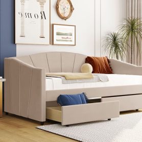 Upholstered Daybed With Two Drawers And Wood Slat Suppot, Twin Size