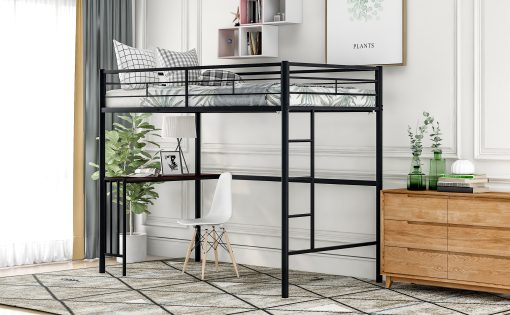 Twin Metal Loft Bed With Desk, Ladder And Guardrails