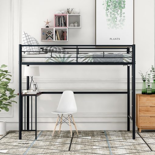 Twin Metal Loft Bed With Desk, Ladder And Guardrails