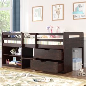Wooden Twin Size Loft Bed With Two Shelves And Two Drawers