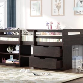 Wooden Twin Size Loft Bed With Two Shelves And Two Drawers