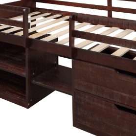 Wooden Twin Size Loft Bed With Two Shelves And Two Drawers