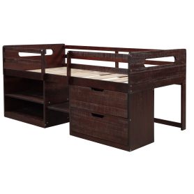Wooden Twin Size Loft Bed With Two Shelves And Two Drawers