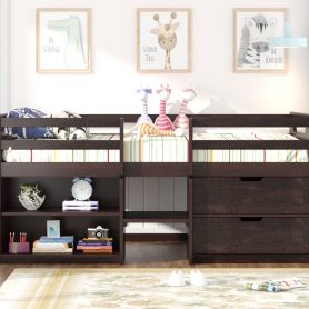 Wooden Twin Size Loft Bed With Two Shelves And Two Drawers