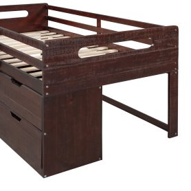 Wooden Twin Size Loft Bed With Two Shelves And Two Drawers